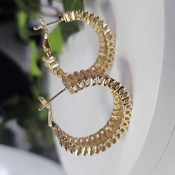 Chunky Gold Textured Wide Hoop Earrings - Picture 5 of 7